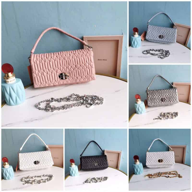 MIUMIU缪缪Cloquet进口小羊皮小提花皱褶凸纹压花钻石链条包5BD417