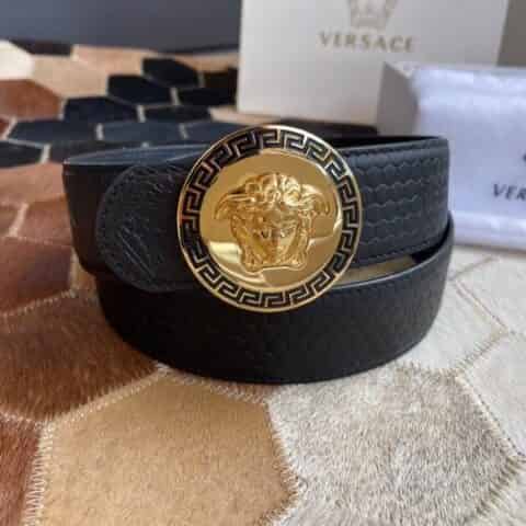 VERSACE范思哲  精钢美杜莎金属挂扣男士黑色头层牛皮腰带3.8cm