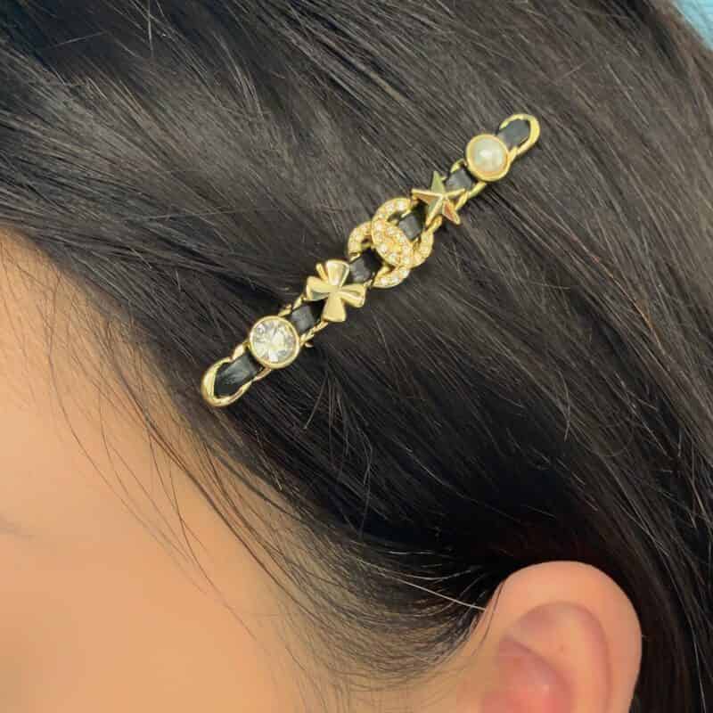 20新款CHANEL香奈儿双c黑皮绳发夹发卡