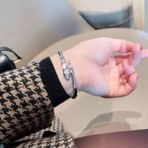 宝格丽BVLGARI窄版头尾带钻蛇骨手镯