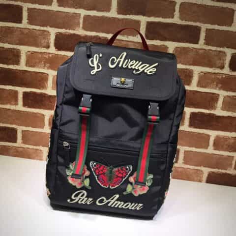 GUCCI古驰饰蝴蝶花卉虎头刺绣帆布男士双肩包450982