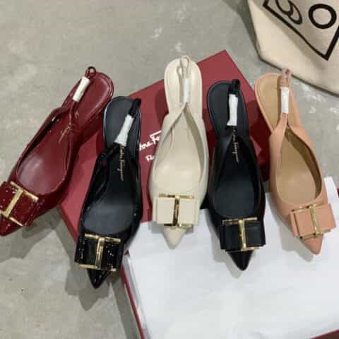 SF salvatore Ferragamo  菲拉格慕最新款尖头叠层蝴蝶结中跟细跟后空凉鞋