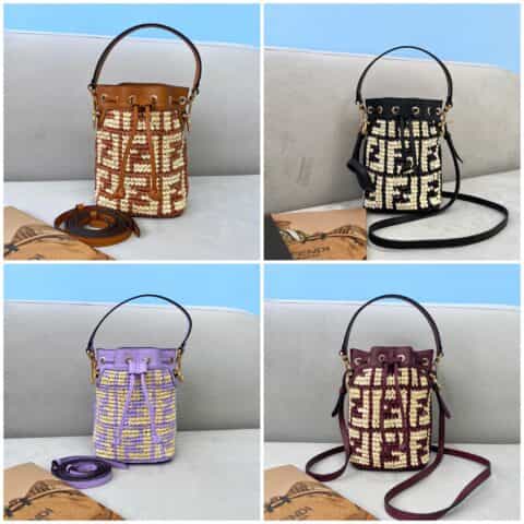 FENDI芬迪拉菲草纯手工编织迷你水桶包8278