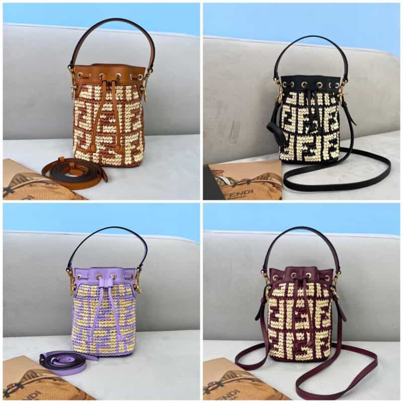 FENDI芬迪拉菲草纯手工编织迷你水桶包8278