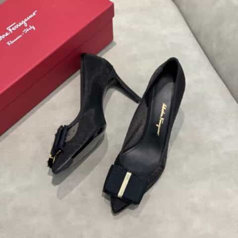 salvatore Ferragamo  菲拉格慕春夏新款波点蕾丝网布面尖头高跟平底芭蕾舞单鞋