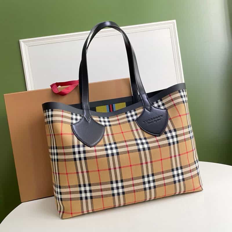 Burberry巴宝莉帆布格纹图案柔韧皮革边饰