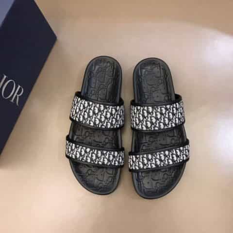DIOR迪奥   2021夏季牛皮鞋面拼原版老花帆布面男士高品质经典拖鞋