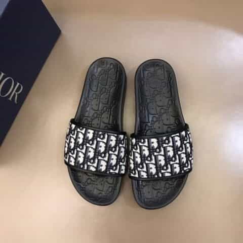 DIOR迪奥   2021夏季牛皮鞋面拼原版老花帆布面男士高品质经典拖鞋