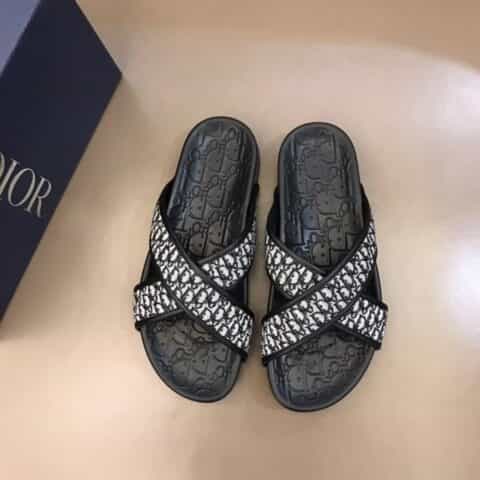 DIOR迪奥   2021夏季牛皮鞋面拼原版老花帆布面男士高品质经典拖鞋