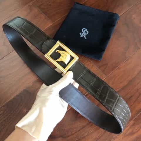 STEFANO RICCI史蒂芬.劳尼治专柜款标志性精钢鹰头方形镶嵌钻挂扣3.8cm头层牛皮精仿鳄鱼皮腰带