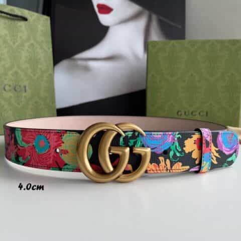 GUCCI古驰   艺术家Ken Scott创作的鲜花花卉印花图案系列双G带扣款4.0cm腰带
