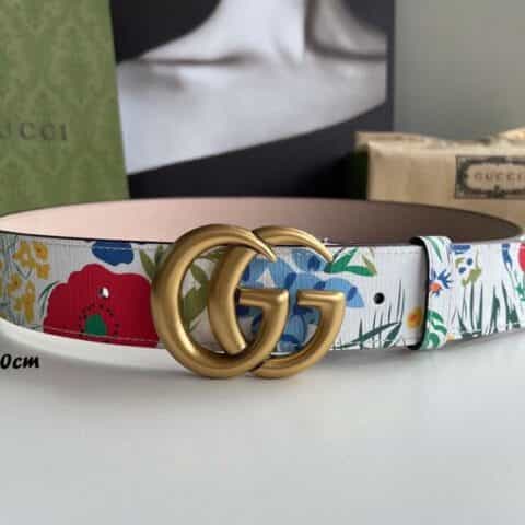 GUCCI古驰   艺术家Ken Scott创作的鲜花花卉印花图案系列双G带扣款4.0cm腰带