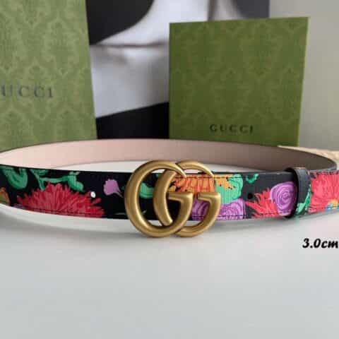 GUCCI古驰   艺术家Ken Scott创作的鲜花花卉印花图案系列双G带扣款3.0cm腰带