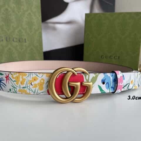 GUCCI古驰   艺术家Ken Scott创作的鲜花花卉印花图案系列双G带扣款3.0cm腰带