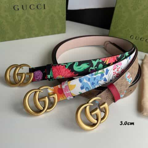 GUCCI古驰   艺术家Ken Scott创作的鲜花花卉印花图案系列双G带扣款3.0cm腰带