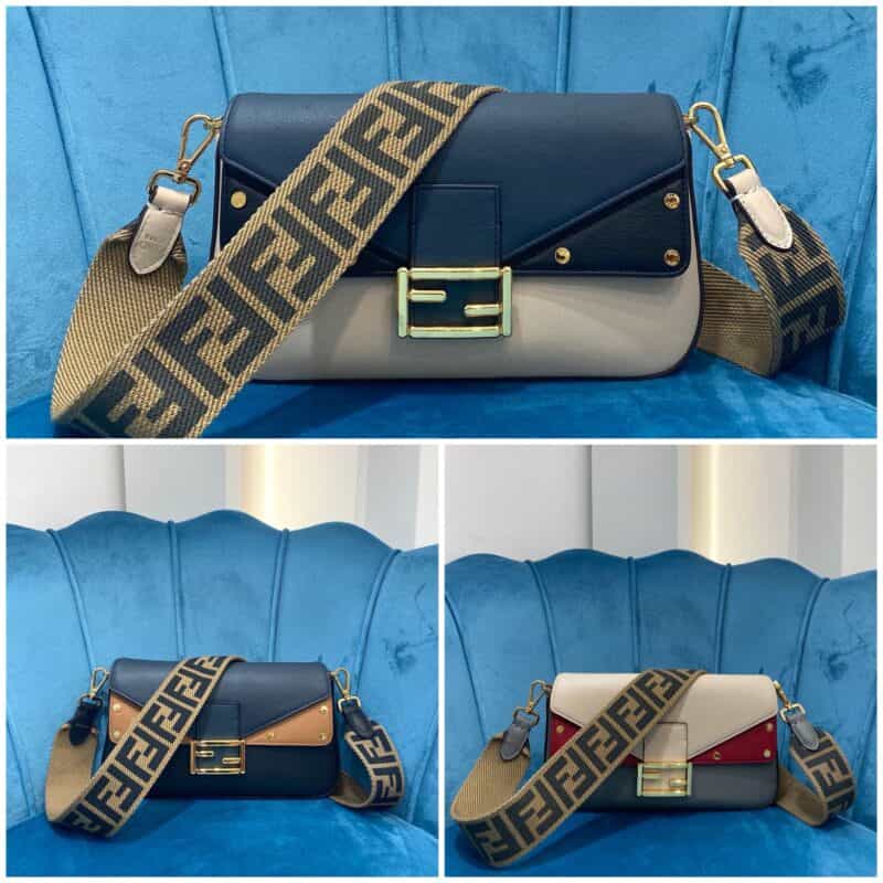 FENDI芬迪拼色小牛皮FF logo 金属扣肩背包600