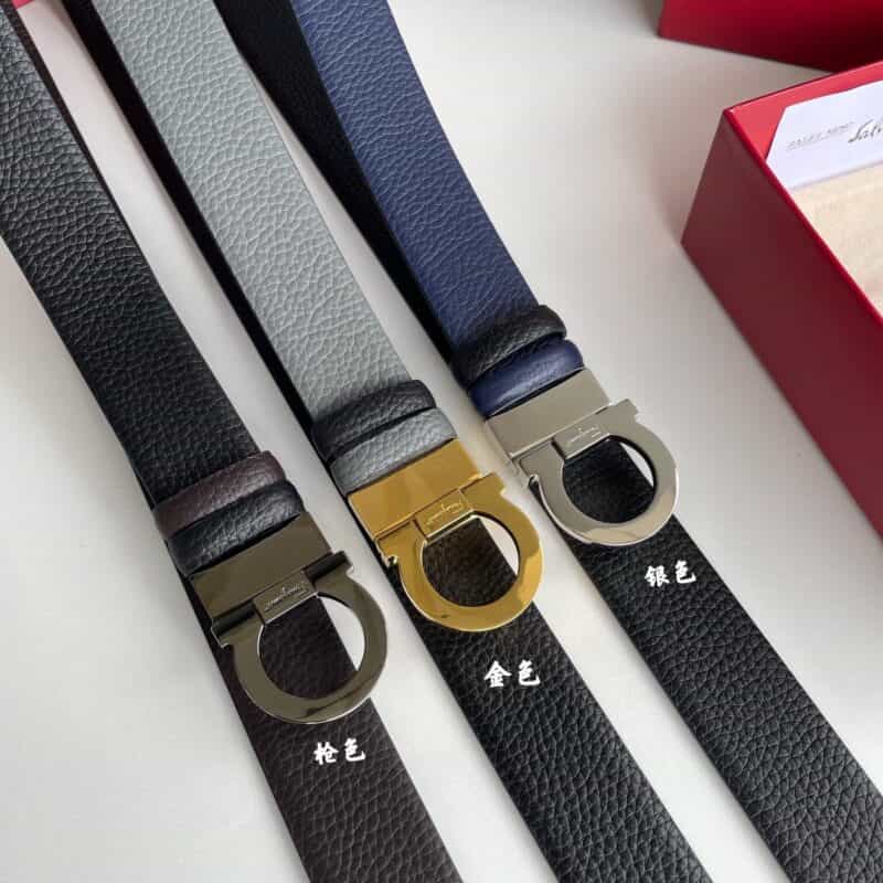 Salvatore  Ferragamo菲拉格慕男士3.5cm精致半圆马蹄金属扣头层牛皮双面腰带