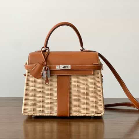 Hermès爱马仕 Kelly 25 Picnic 金棕/编织 银扣 全手工