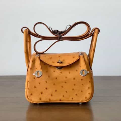 Hermès爱马仕 Mini Lindy 鸵鸟皮 太妃金 银扣 全手工