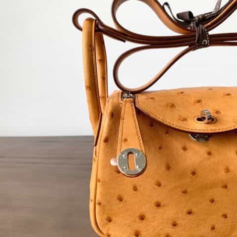 Hermès爱马仕 Mini Lindy 鸵鸟皮 太妃金 银扣 全手工