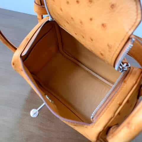 Hermès爱马仕 Mini Lindy 鸵鸟皮 太妃金 银扣 全手工