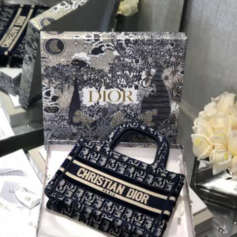 Dior蓝色天鹅绒Oblique印花Mini Book Tote Bag S5475ZWVF_M928