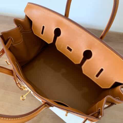 Hermès爱马仕 Birkin 35 haas barenia 马鞍皮/帆布 金扣