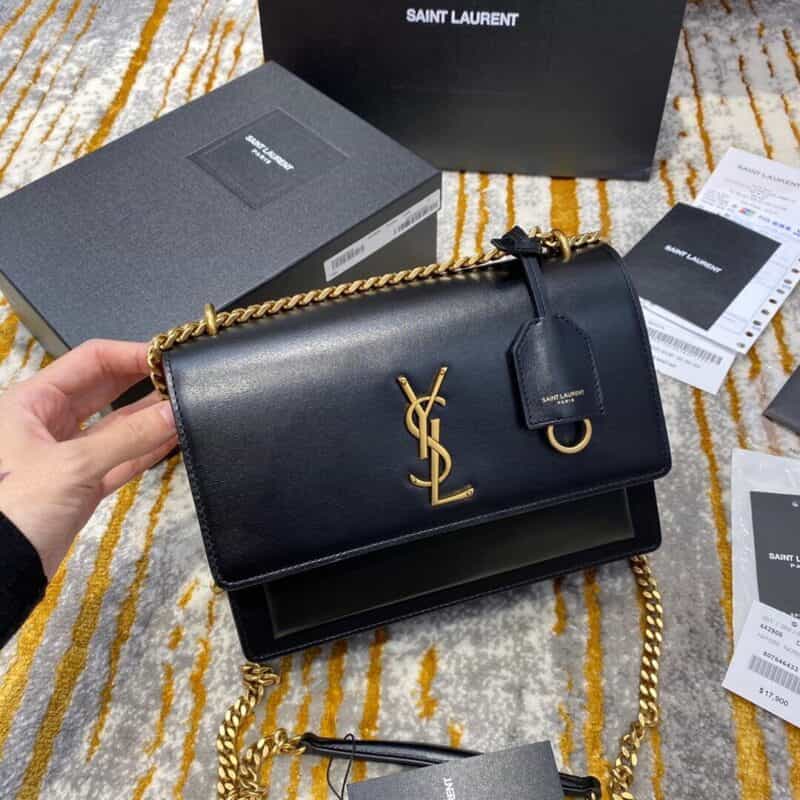 Saint laurent Ysl Sunset 22cm牙签纹日落包 442906黑色金扣
