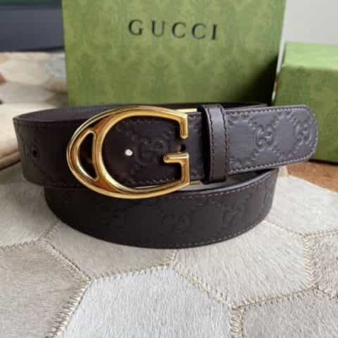 Gucci古驰   G字金属夹扣头层牛皮压纹纹理35mm腰带