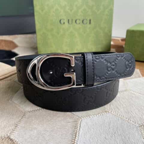 Gucci古驰   G字金属夹扣头层牛皮压纹纹理35mm腰带