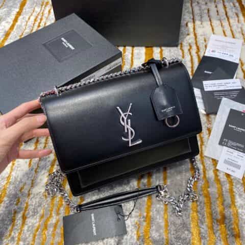 Saint laurent Ysl Sunset 22cm牙签纹日落包 442906黑色银扣