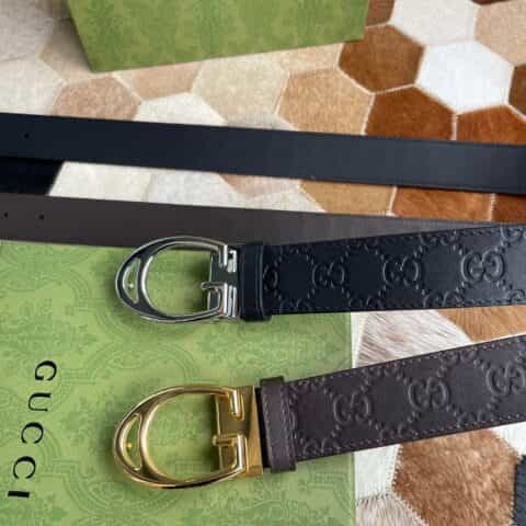 Gucci古驰   G字金属夹扣头层牛皮压纹纹理35mm腰带