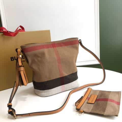 Burberry巴宝莉Canvas 格纹麻布进口头层牛皮饰边The Ashby 艾仕贝手袋9361