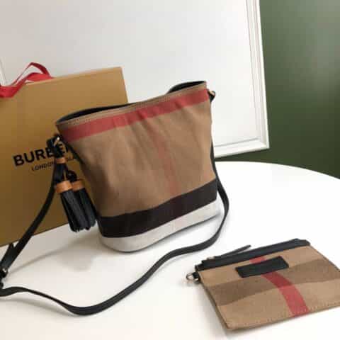 Burberry巴宝莉Canvas 格纹麻布进口头层牛皮饰边The Ashby 艾仕贝手袋9361