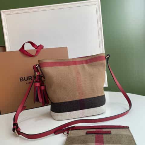 Burberry巴宝莉Canvas 格纹麻布进口头层牛皮饰边The Ashby 艾仕贝手袋9361