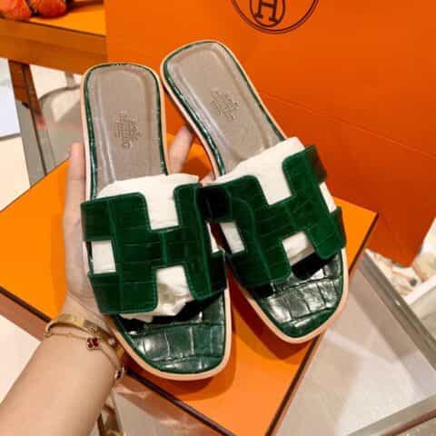 Hermes爱马仕   crocodile师傅级一对一手工制作进口亮面鳄鱼皮H 经典平拖凉鞋