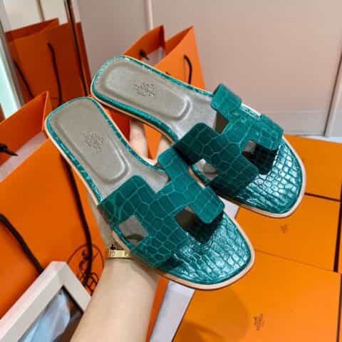 Hermes爱马仕   crocodile师傅级一对一手工制作进口亮面鳄鱼皮H 经典平拖凉鞋