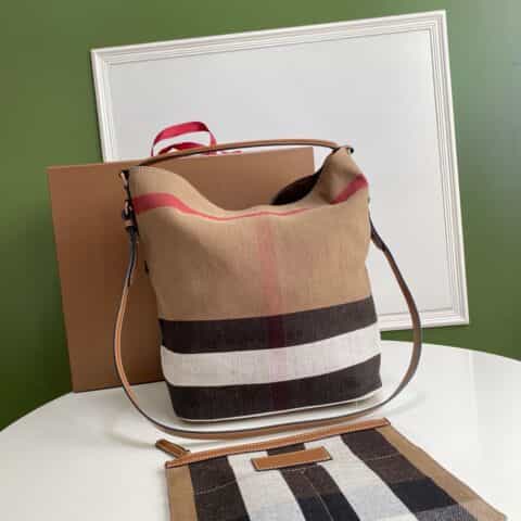 Burberry巴宝莉原单星款撞色黄麻帆布Hobo包