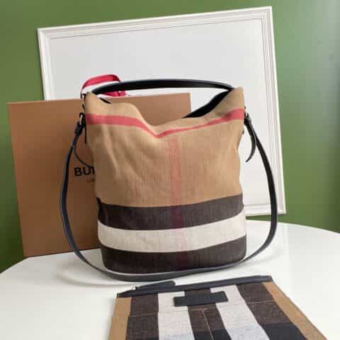 Burberry巴宝莉原单星款撞色黄麻帆布Hobo包