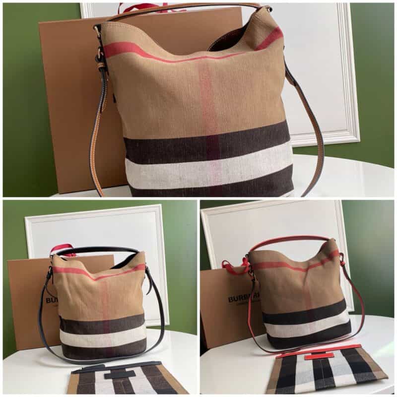 Burberry巴宝莉原单星款撞色黄麻帆布Hobo包