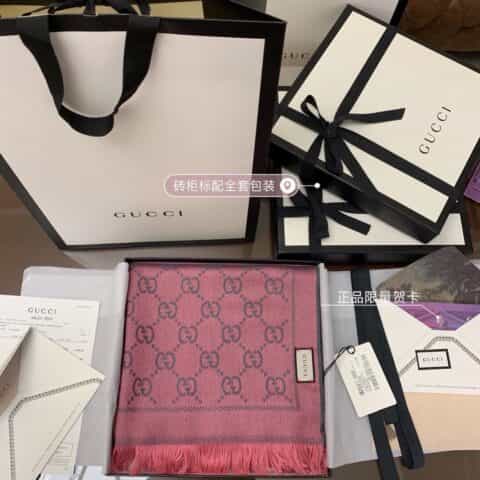 GUCCI古驰GG提花流苏饰边双面提花羊毛围巾