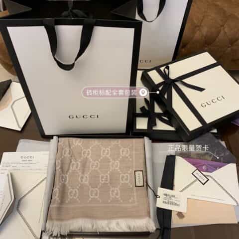 GUCCI古驰GG提花流苏饰边双面提花羊毛围巾