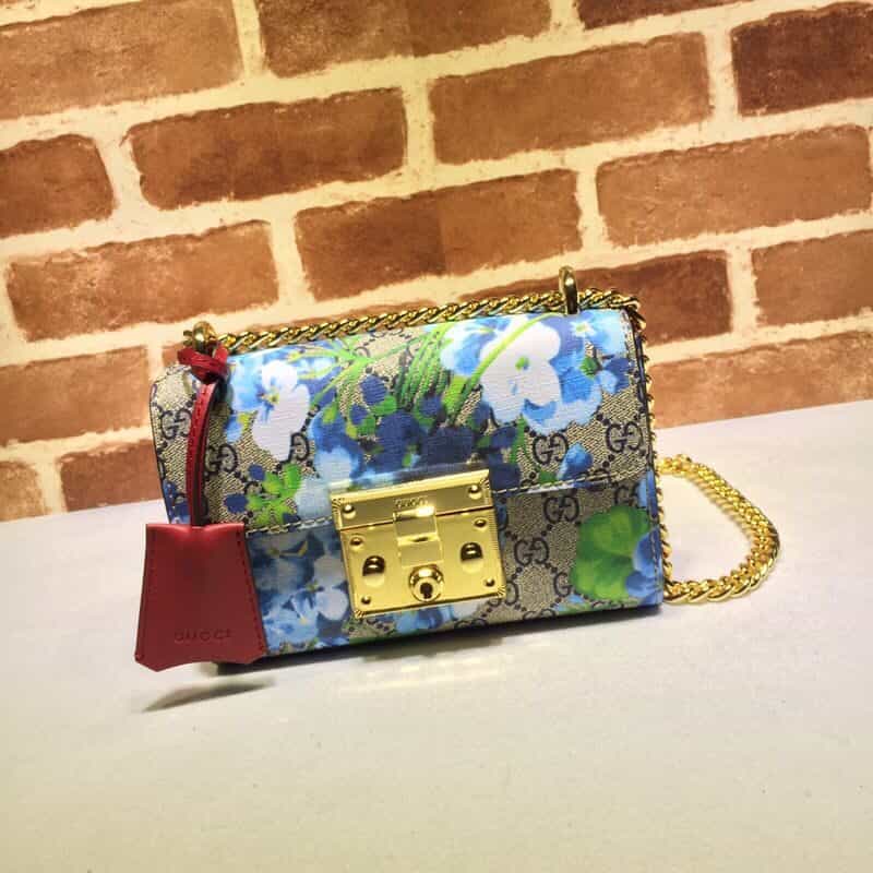 GUCCI古驰蓝花图案链条单肩斜挎包409487