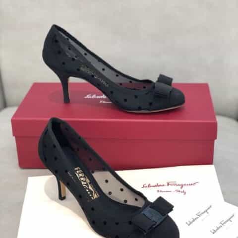 SF salvatore Ferragamo  菲拉格慕春夏新款波点网纱面圆头高跟中跟平底