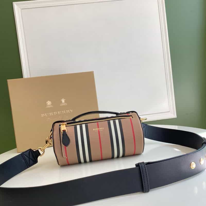 Burberry巴宝莉Vintage 复古格纹棉与双色皮革圆柱形迷你包