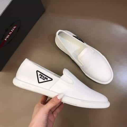 PRADA普拉达   进口原版斜纹帆布拼接头层小牛皮P家新品男士套脚乐福便鞋
