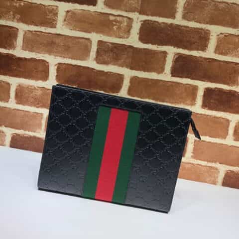 GUCCI饰条纹织带Gucci Signature皮革手拿包475316