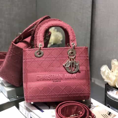 Dior Lady D-Lite 刺绣戴妃包 M0565酒红色