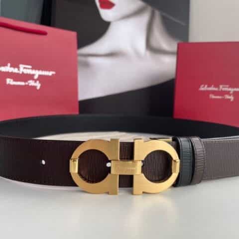 Salvatore  Ferragamo菲拉格慕男士3.5cm精钢双圈夹扣头层牛皮牛皮双面腰带