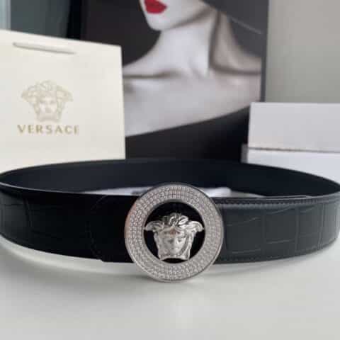 VERSACE范思哲   男士黑色头层牛皮鳄鱼纹理腰带3.8cm